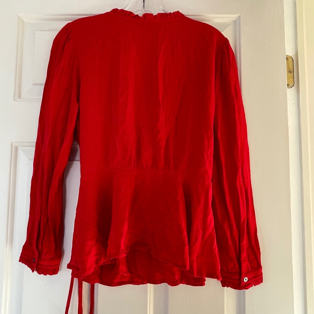 LOFT Petites Red Ruffle V Neck Wrap Long Sleeve Peplum Top Size MP - Picture 3 of 5